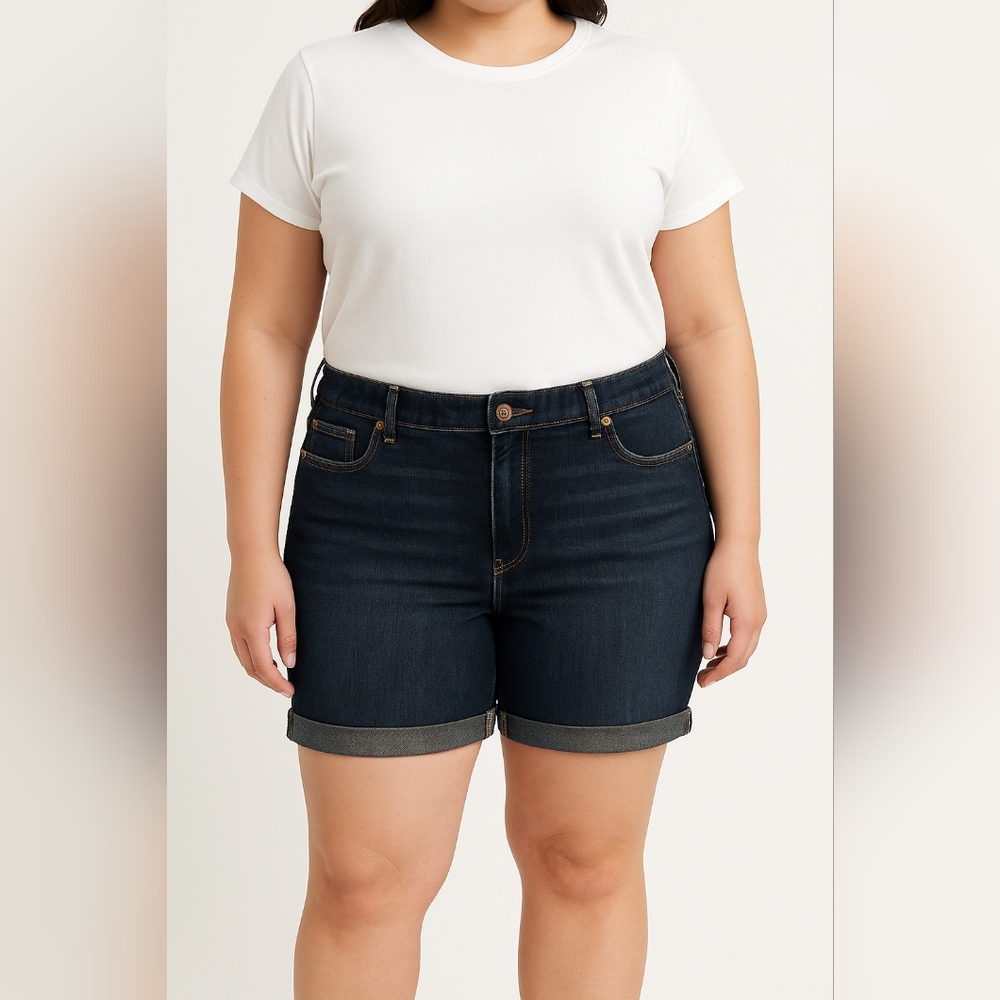 D) Faded Glory Girls' Plus Bermuda Denim Shorts Size 14.5 – Rolled Hem, 100% Cot